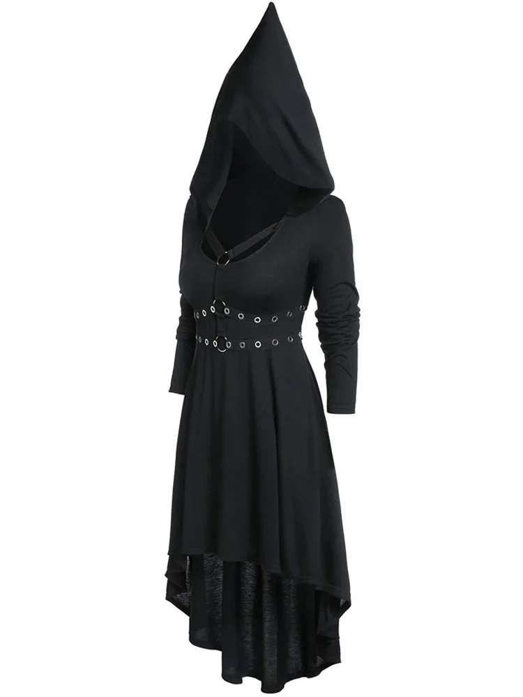 Gothic Dark Punk Black Medieval Mit Kapuze Kleid Harajuku Vintage Unregelmäßigen Frauen Schlank Spitz Hut Hühneraugen Kreuz Krawatte Langarm Kleid