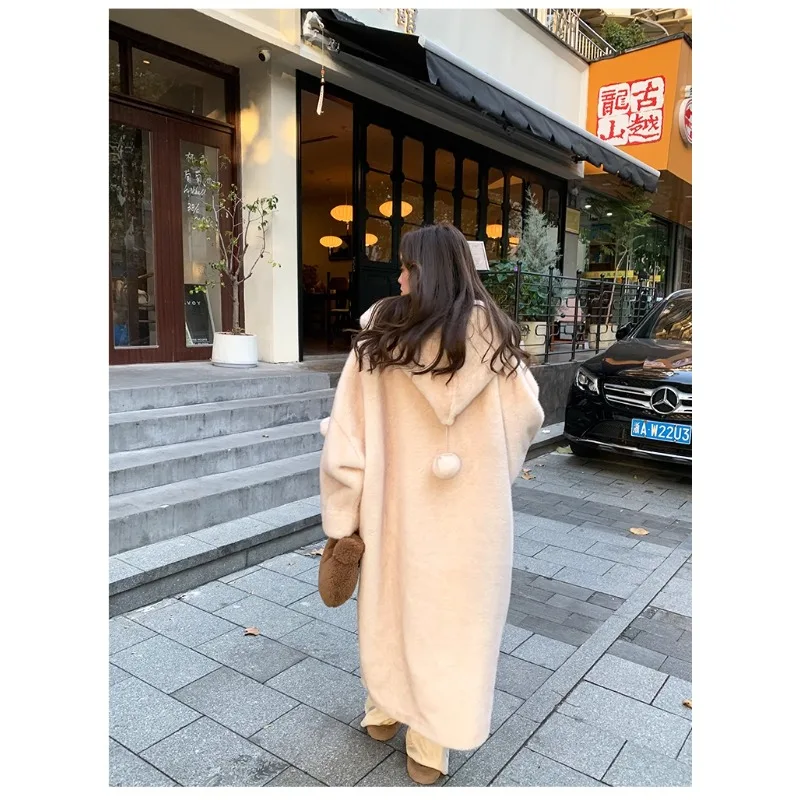 Long Hooded Rabbit Fur Ball Coat for Women, Imitation Mink Fur Integrated Coat, Autumn and Winter, New, 2024