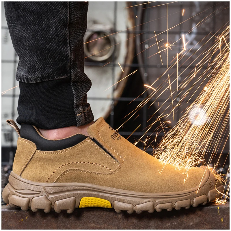 men's leisure cow suede leather work shoes summer worker safety shoe welder light steel toe caps boots security sneakers protect
