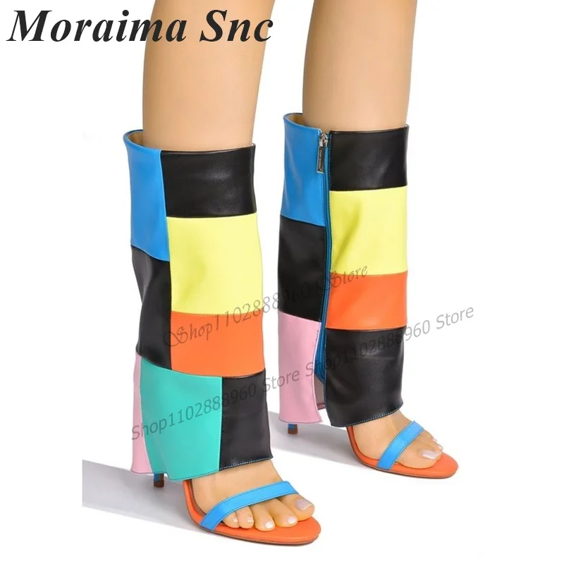 Turned-Over Mixed Color Grid Patchwork Sandal Boots Stilettos High Heel Women Shoes Side Zipper Open Toe Zapatos Para Mujere