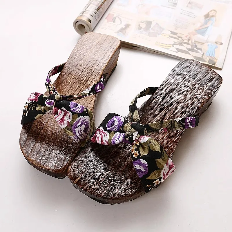Sabots en bois pour femmes, pantoufles à fleurs de Style ethnique chinois, sandales Geta, chaussures tongs Kimono Cosplay