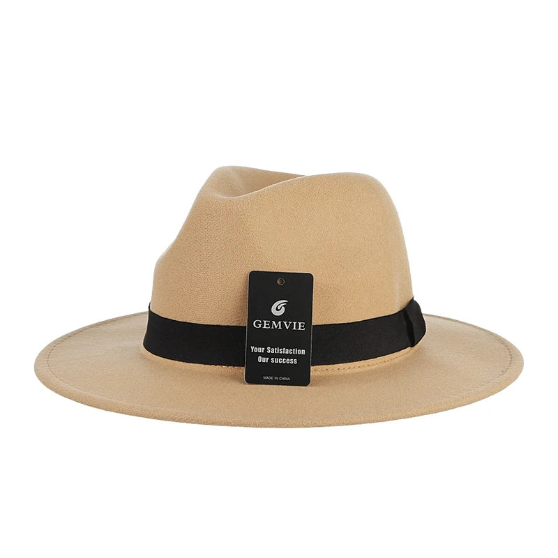 Classic Unisex Wide Brim Fedora Hat with Black Hatband Women Men Gentleman Felt Panama Hats