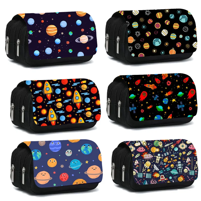 

Spaceship Astronauts Aliens Print Cosmetic Case Pencil Bag Moon Star Planet Pencil Box Stationary Bag School Case Supplies