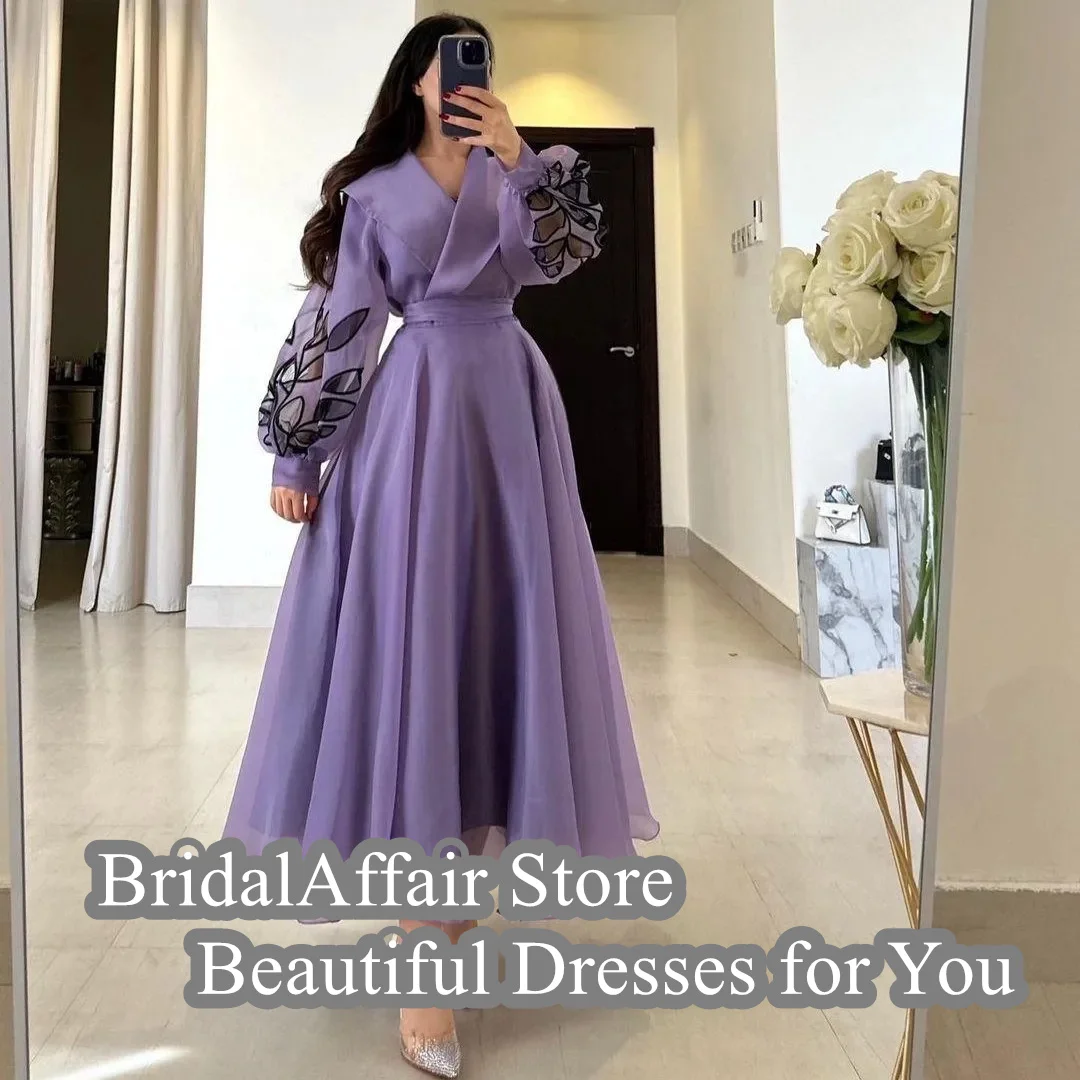 BridalAffair-فساتين سهرة نسائية ، فساتين حفلة موسيقية أنيقة ، رقبة حرف V ، أكمام طويلة ، سحاب خلفي ، طول الشاي ، ساحر