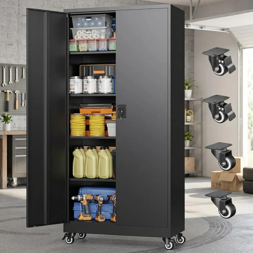 75 Inch Metal Garage Storage Cabinet with Wheels, Locking Doors and Adjustable Shelves, Rolling Steel Tool Cabinet, White