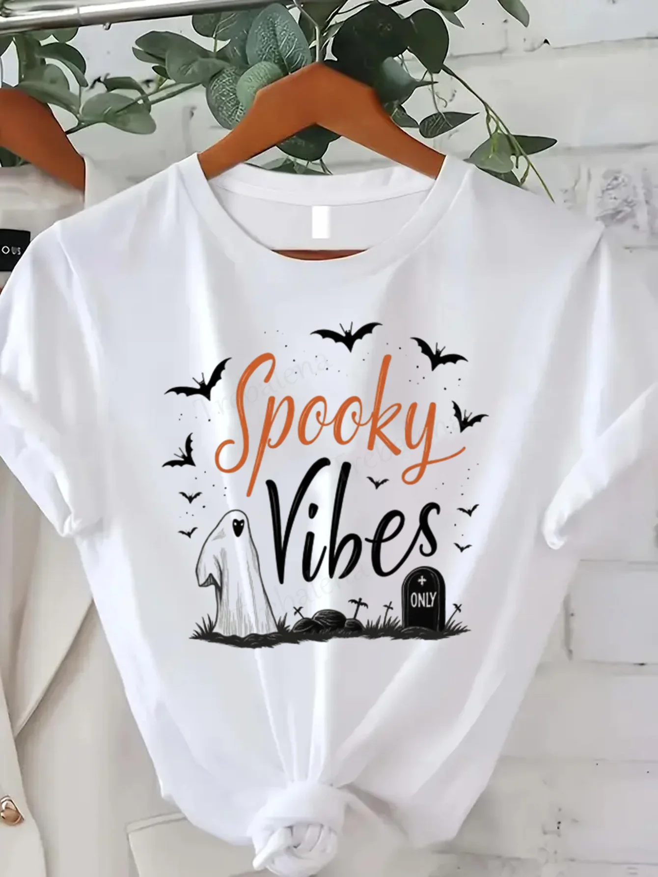 

Round Neck T-shirt Spooky Vibes Halloween Tee Women Plus Size Ghost Bat Print T-Shirt Short Sleeve Tee Fashion Casual Top