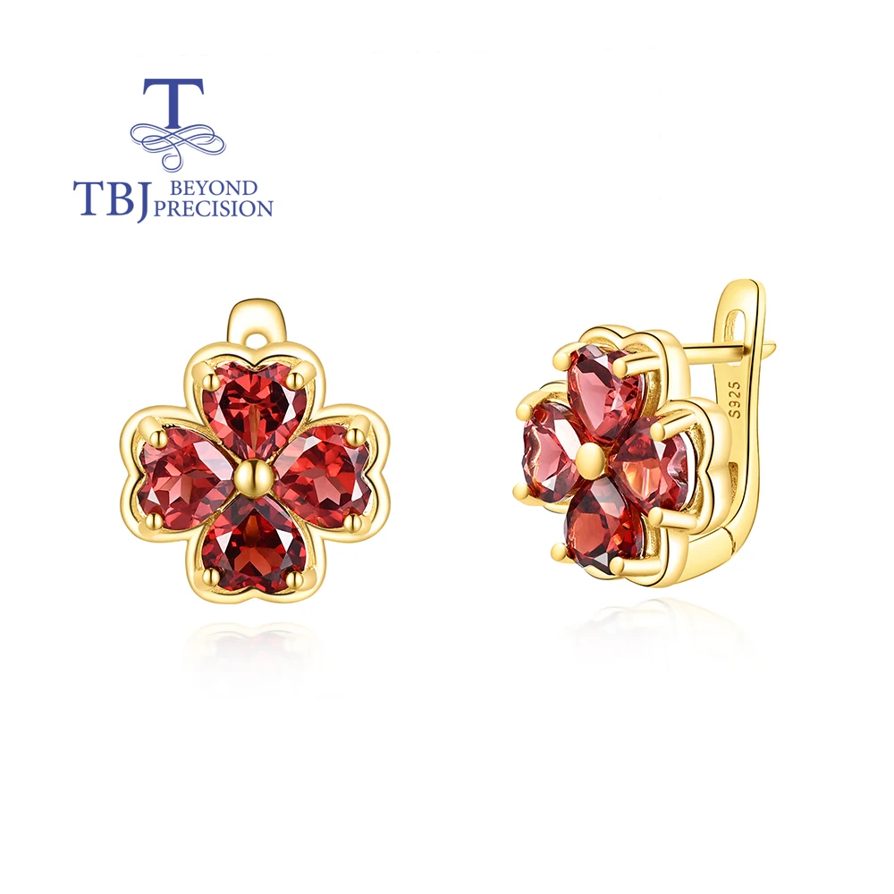 

Elegant 925 sterling silver earrings natural garnet/sky blue Topaz Four leaf clover design fine jewelry for women birthday gifts