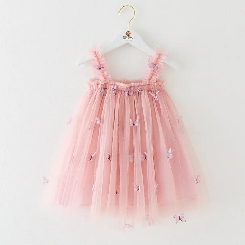 

New Baby Girl Clothes Solid Colour Sweet Butterfly Decorated Mesh Sling Baby Girl Dress Birthday Party Cute Princess Puffy Dress