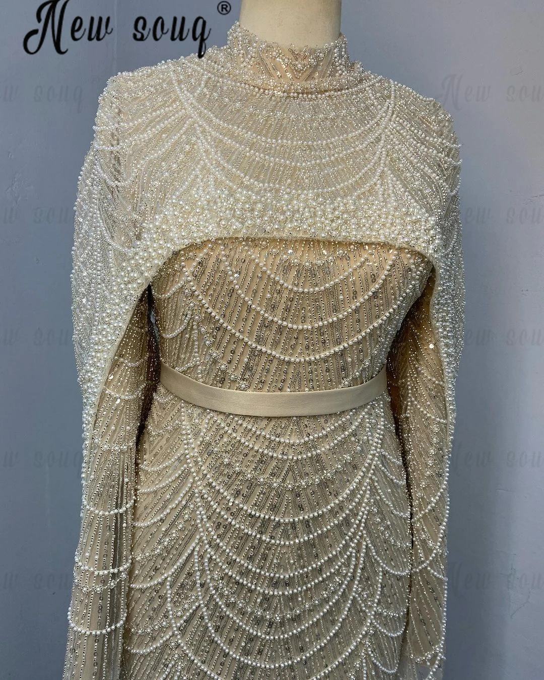 Robe de soirée longue ligne A pour femme, robes de Rhde fiançailles, tenue de fête de mariage, arabe, musulman, nu, luxe, cape, Dubaï, 2 pièces