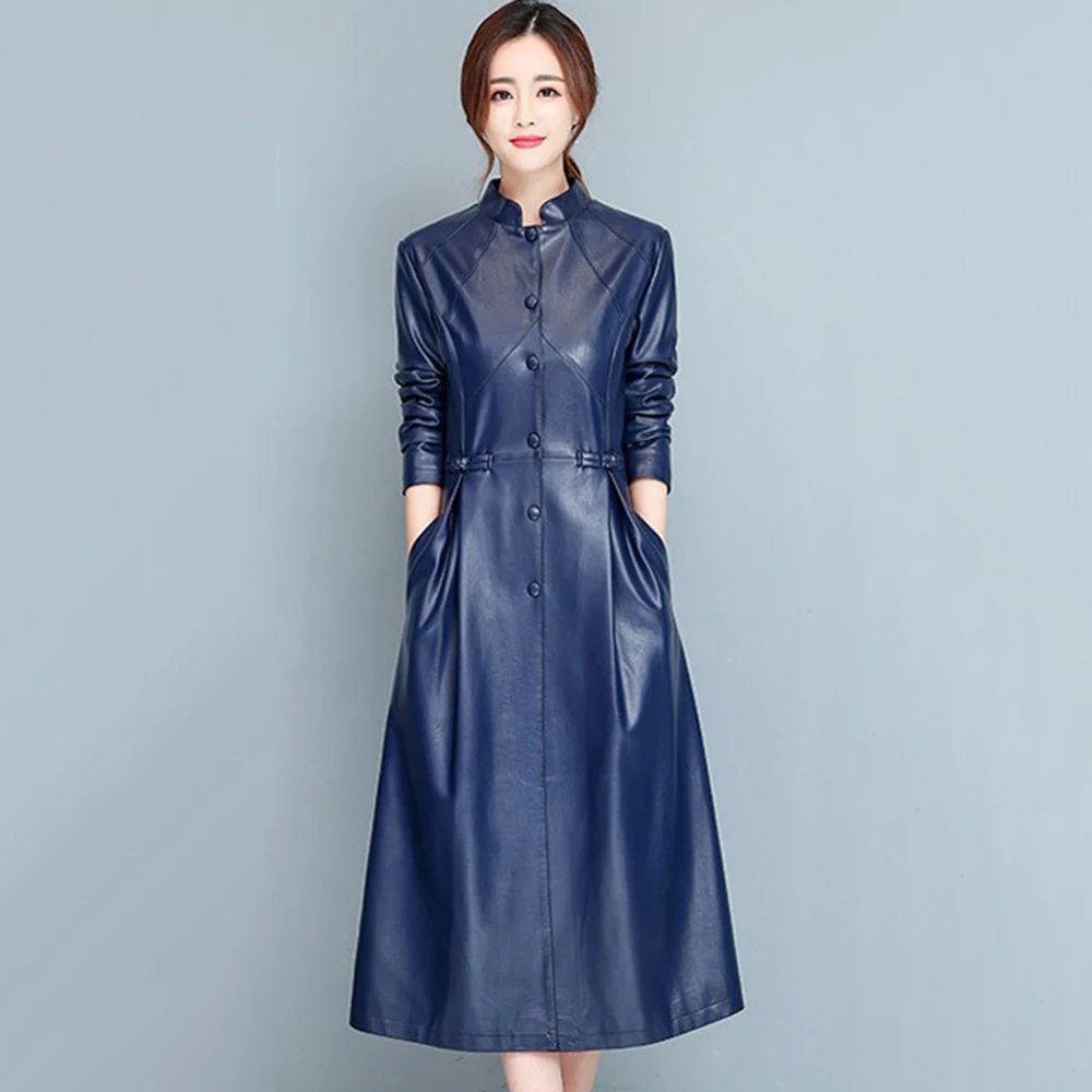 New Women Casual Long Leather Coat Autumn Winter Fashion Trend Small Stand Single Breasted Slim Split Leather Trench Coat