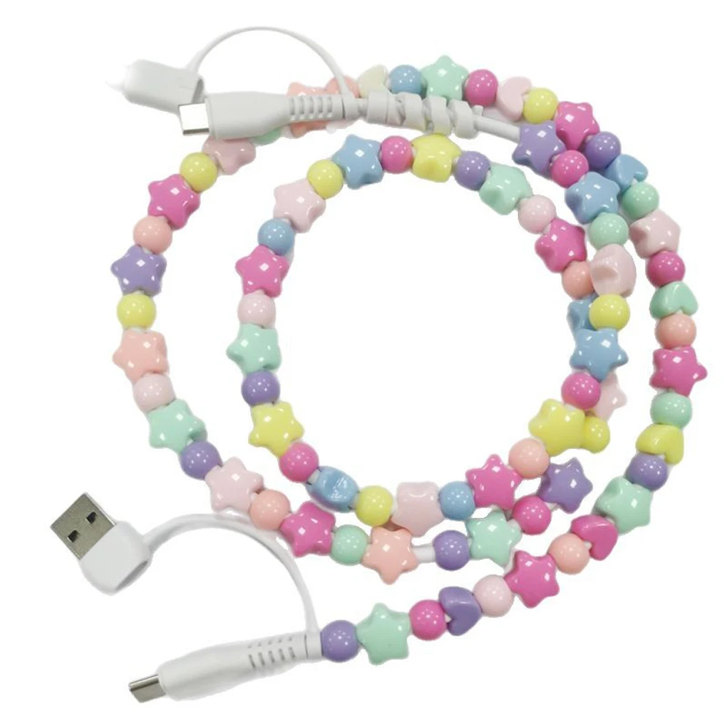 Beaded Charging Cord Colorful Beaded 4-in-1 Data Cable Fast Charging Cable  for Girls Women iPhone 16 Pro/16 Pro Max