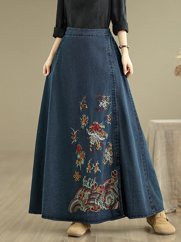 

Джинсовая повседневная длинная юбка трапециевидной формы в стиле ретро с этнической вышивкой, женская юбка со средней талией Ci Walk Faion