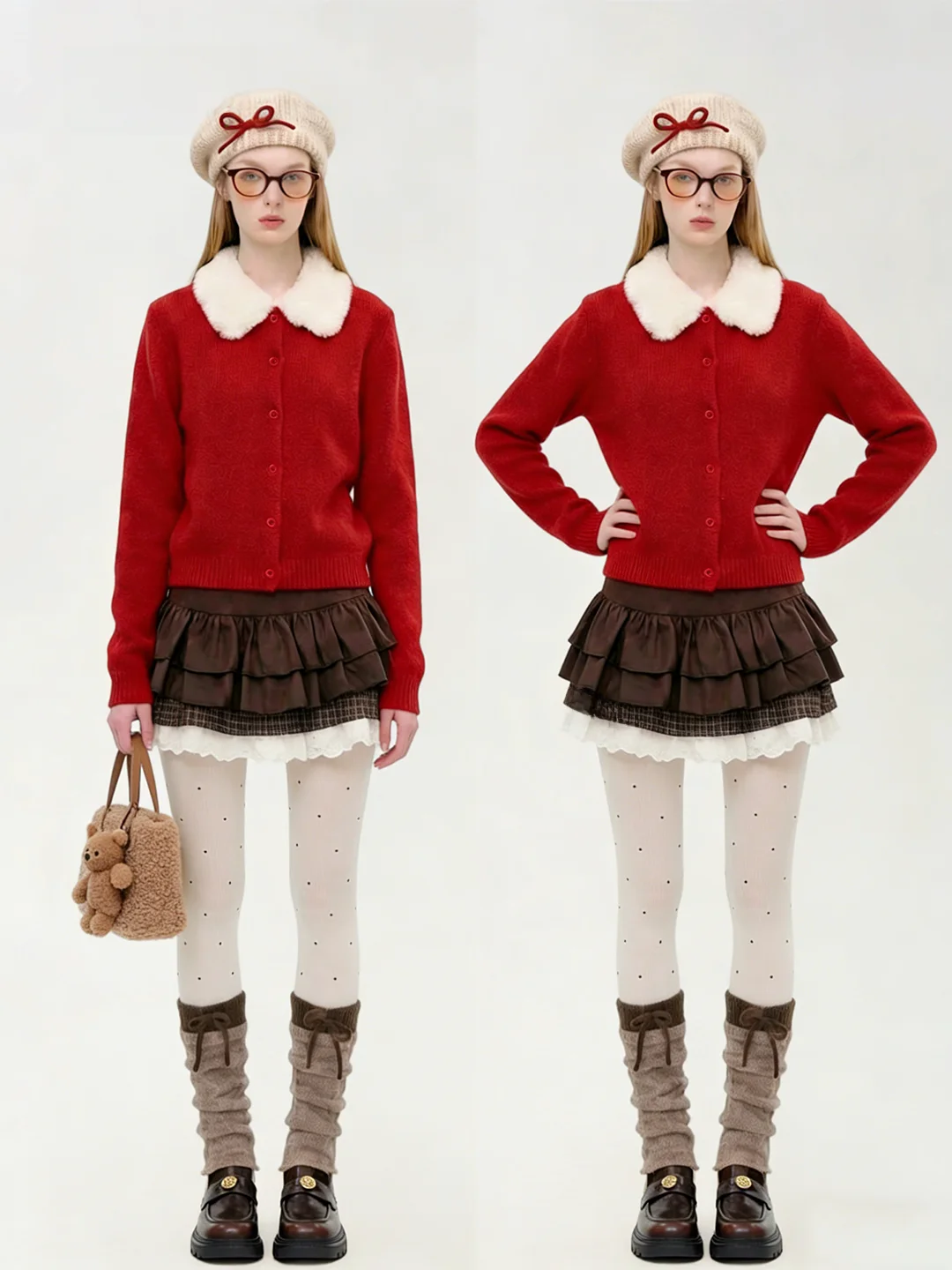 

AHMI Soft Knitted Long Sve Collar Sweater Coat Women's New Year Red Plu Trim 2026 New Sle Breathable Comfortable