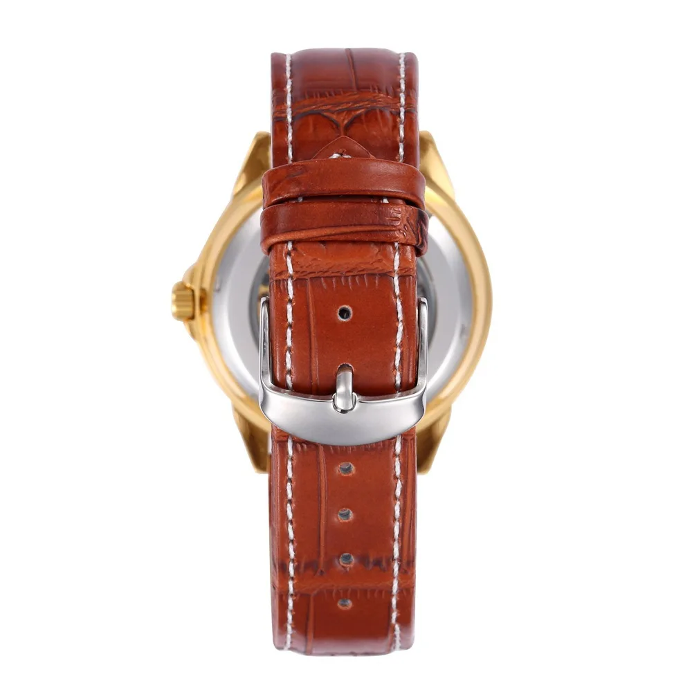 SHENHUA Transparent Golden Case Casual Design Brown Leather Strap Mens Watches Brand Luxury Skeleton Automatic Mechanical Watch