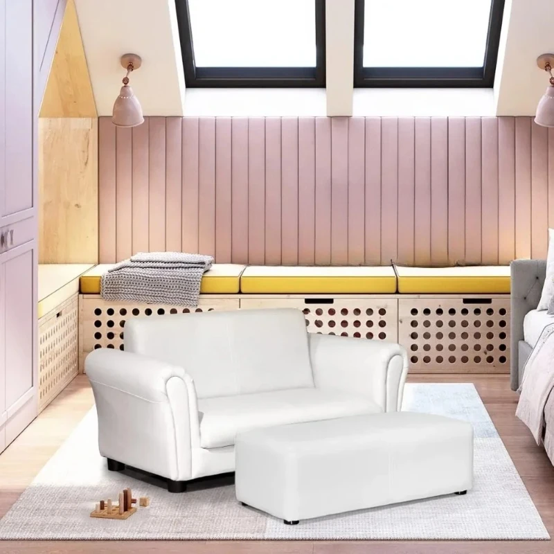 

L # Kids Sofa, 2-seater Sofa Lounge Bed, Ottoman, Upholstered Armchair, Bedroom, Living Room, Double Chair With Stool (white)