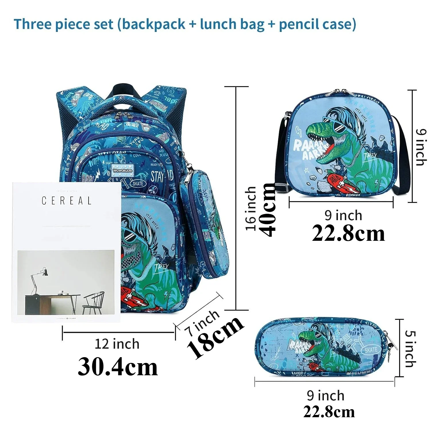3PCS Boys Dinosaur Backpack Set with Lunch Box Pencil Case School Book Bag for Kids Elementary Preschool Christmas Birthday Gift