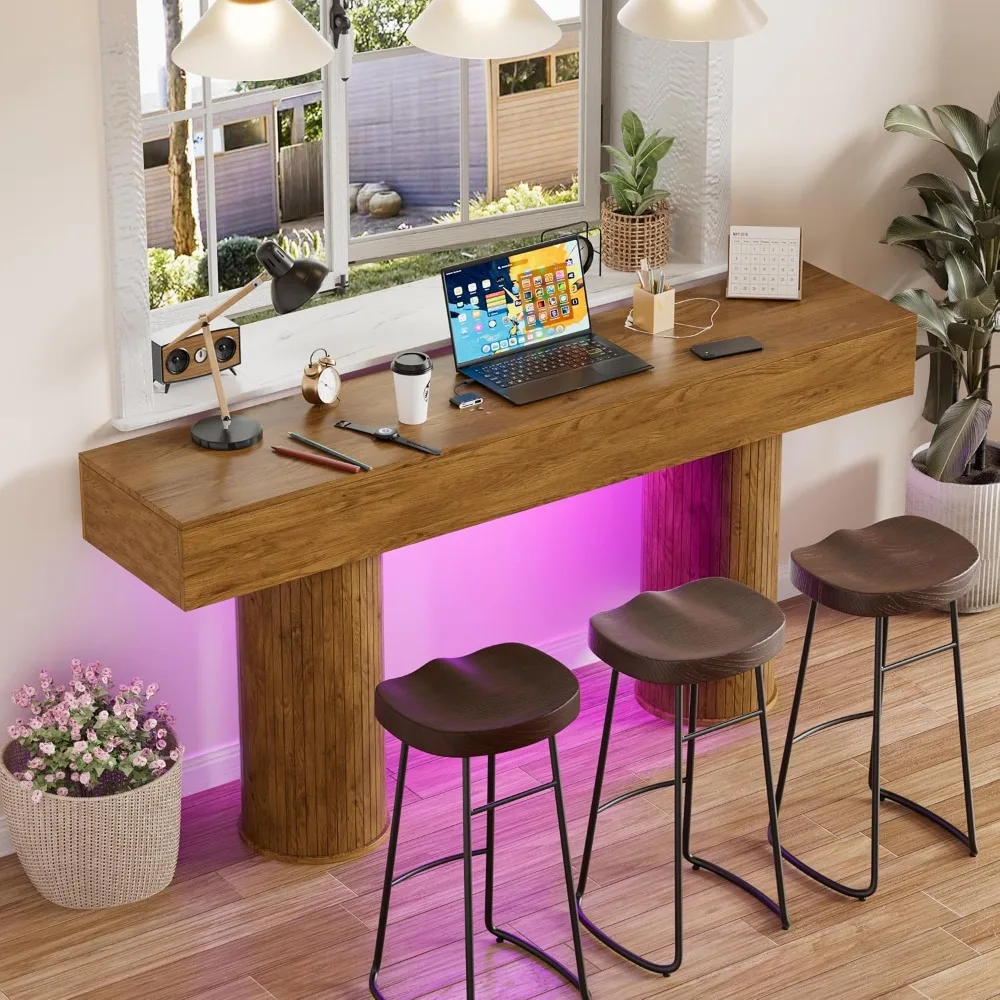 

63-Inch Long Farmhouse Console Table,Wood Entryway Table with LED Light,Narrow Sofa Table Behind The Couch,Multiple Lighting Mod