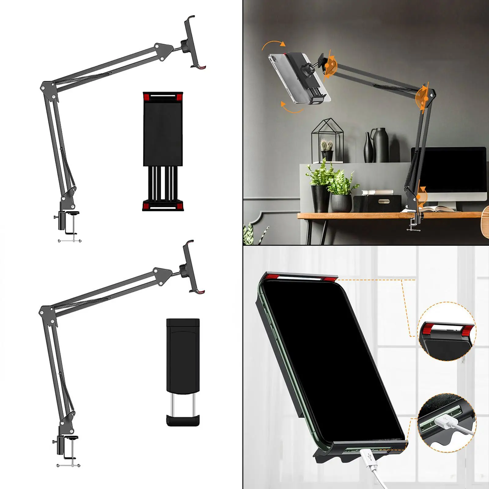 حامل هاتف لوحي بذراع دوار قابل للطي مع حامل مكتبي بمشبك، سهل التركيب والاستخدام #4