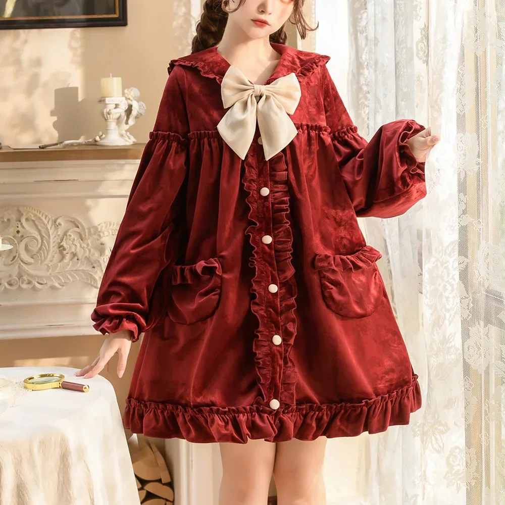 Lolita Woolen Coat Girl Sweet Cute Loose Slim Bow Doll Collar Puff Sleeve Red Mid-length Overcoat Women Autumn Winte Wool Coats