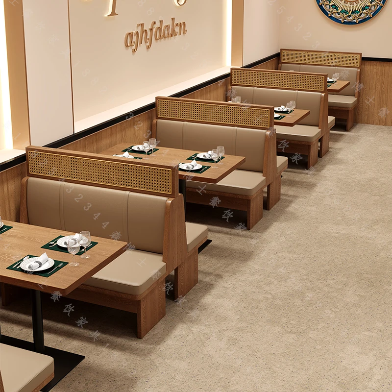 

Restaurant booth sofa commercial South East Asia theme coffee hot pot shop custom tea house rattan solid wood tables and chairs