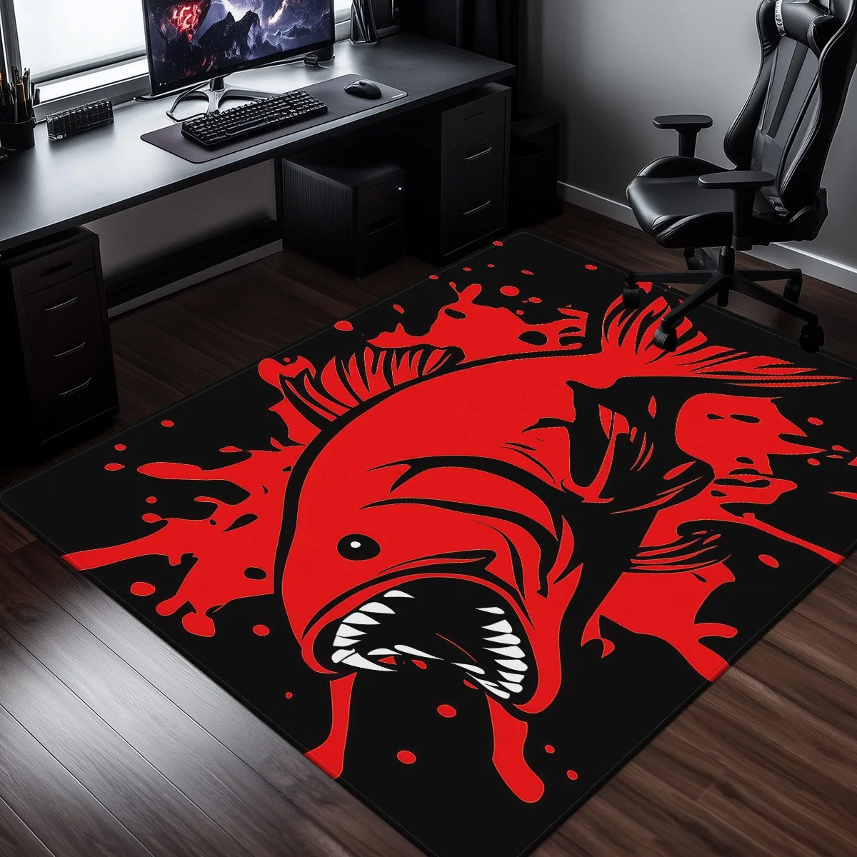 Red Monster Fish Black Background Crystal Velvet Rug Gaming Room Decor Cool Animal Print Anti Slip Floor Mat For Kids Teens