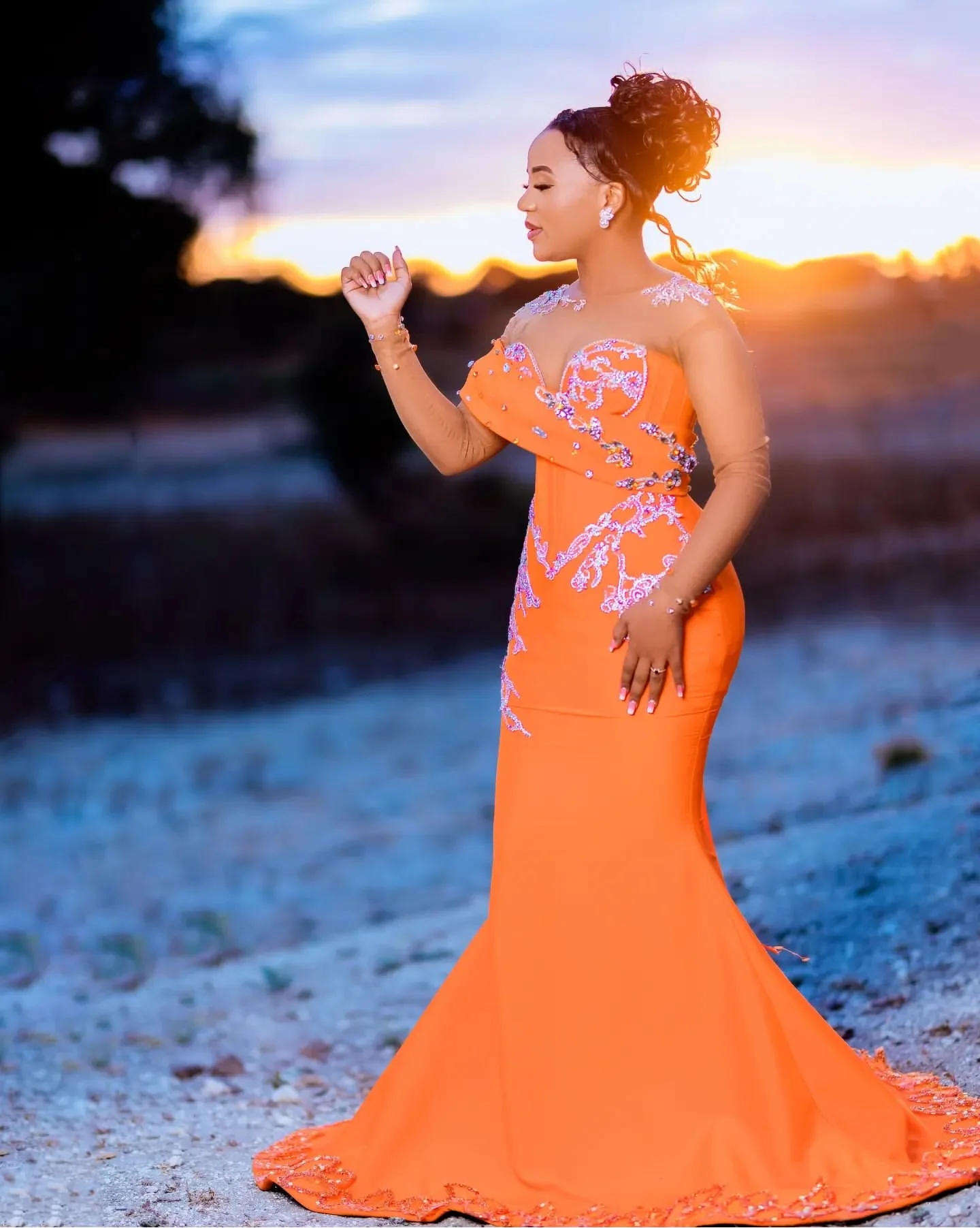 2024 Orange Mermaid Prom Dresses Beaded  Lace Satin Evening Formal Party Second Engagement Birthday Gowns Dresses 012