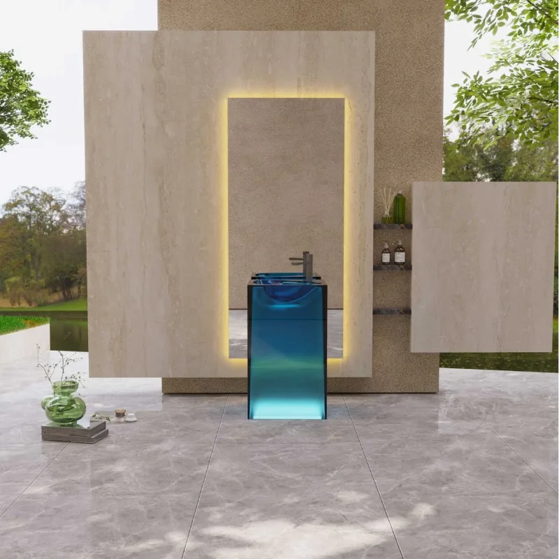 Transparent Resin Pedestal Basin All-in-One Floor Standing Wash Basin Artistic Vanity Sink for Bathroom