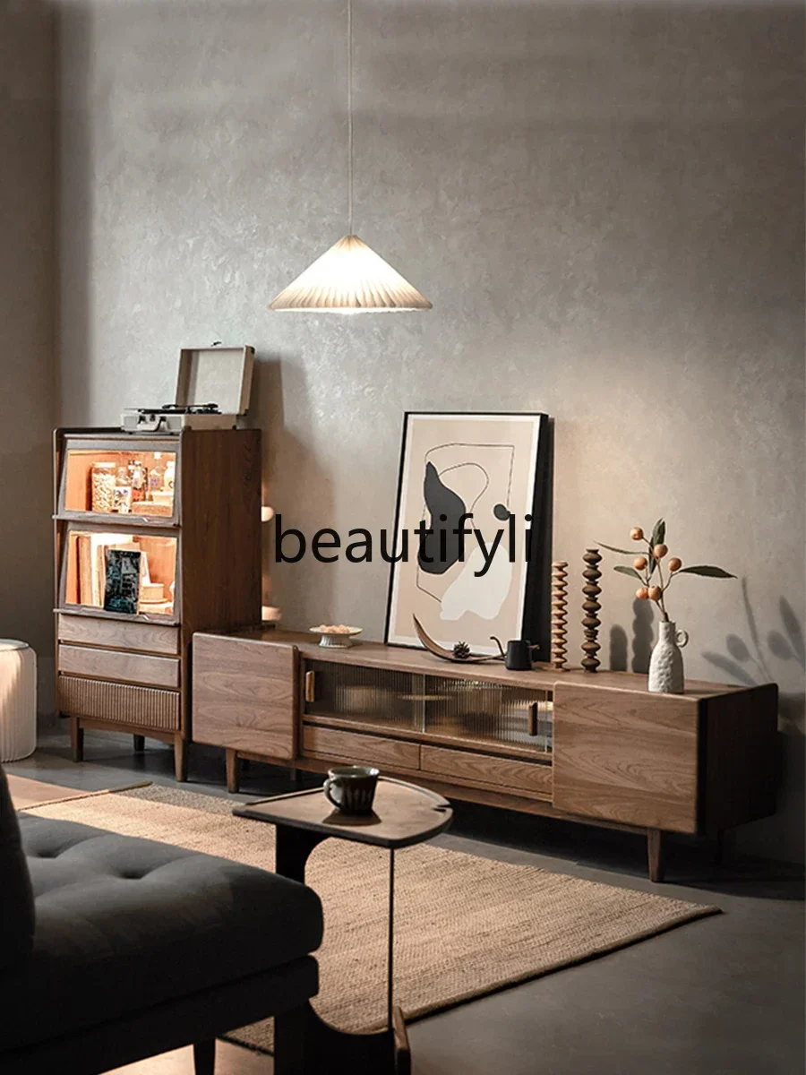 

ssK178 ss25 Nordic black walnut TV side cabinet solid wood living room sofa side cabinet multi-functional locker