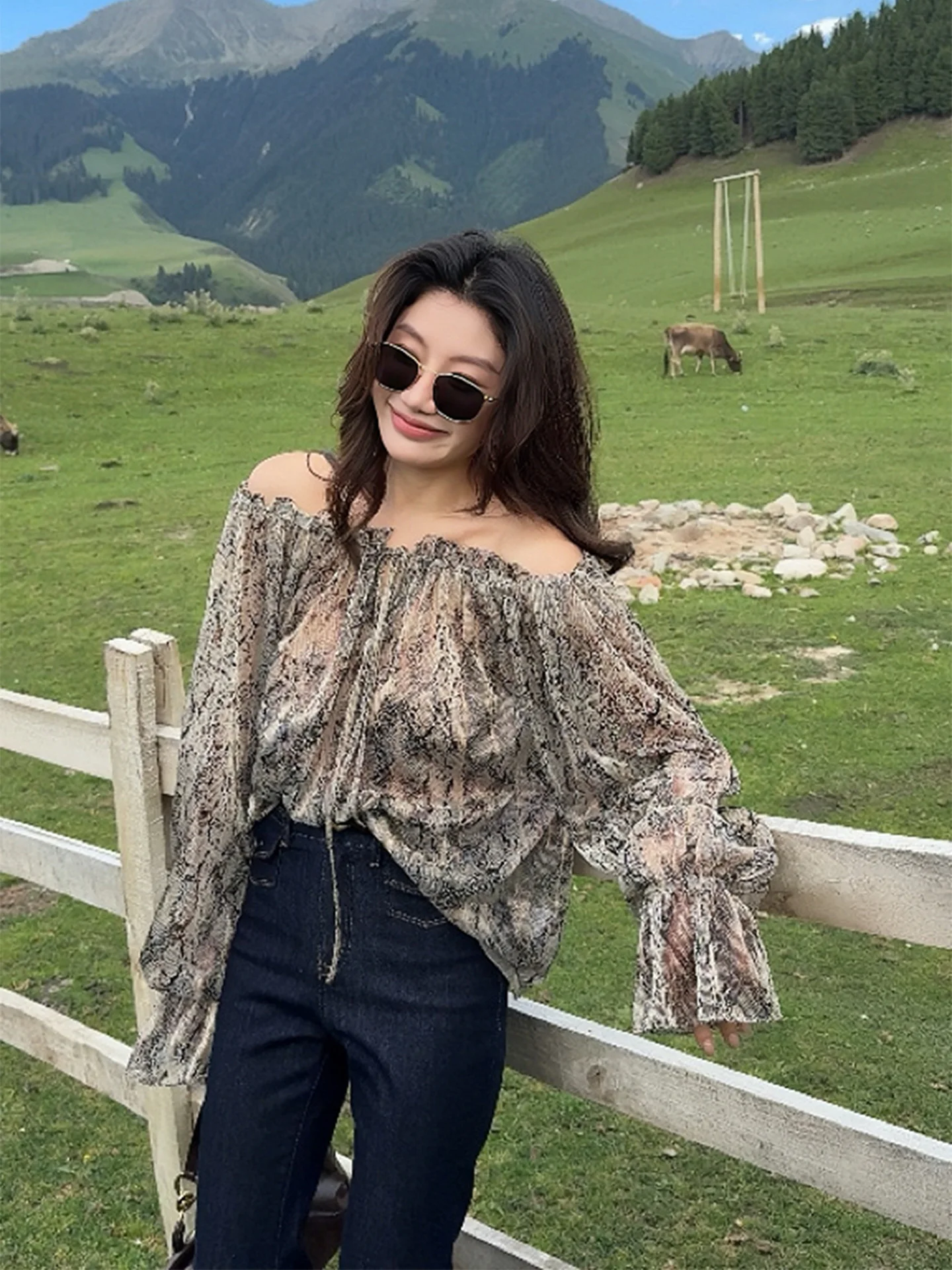 

Dragon Xier сексуальный ленивый Sle змеиная кожа с принтом V-Ne свободный фонарь Sve irt женский модный осенний полиэстер повседневный irt