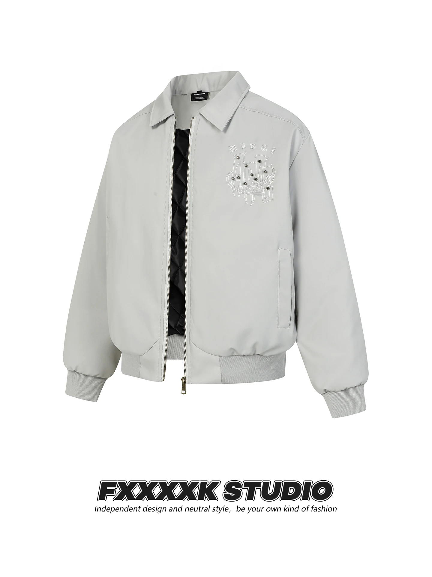 

FXK Original American Retro Pearl Embroidery Letter Stand Collar Zipper Jaet Outerwear for Men And Women Spring Autumn