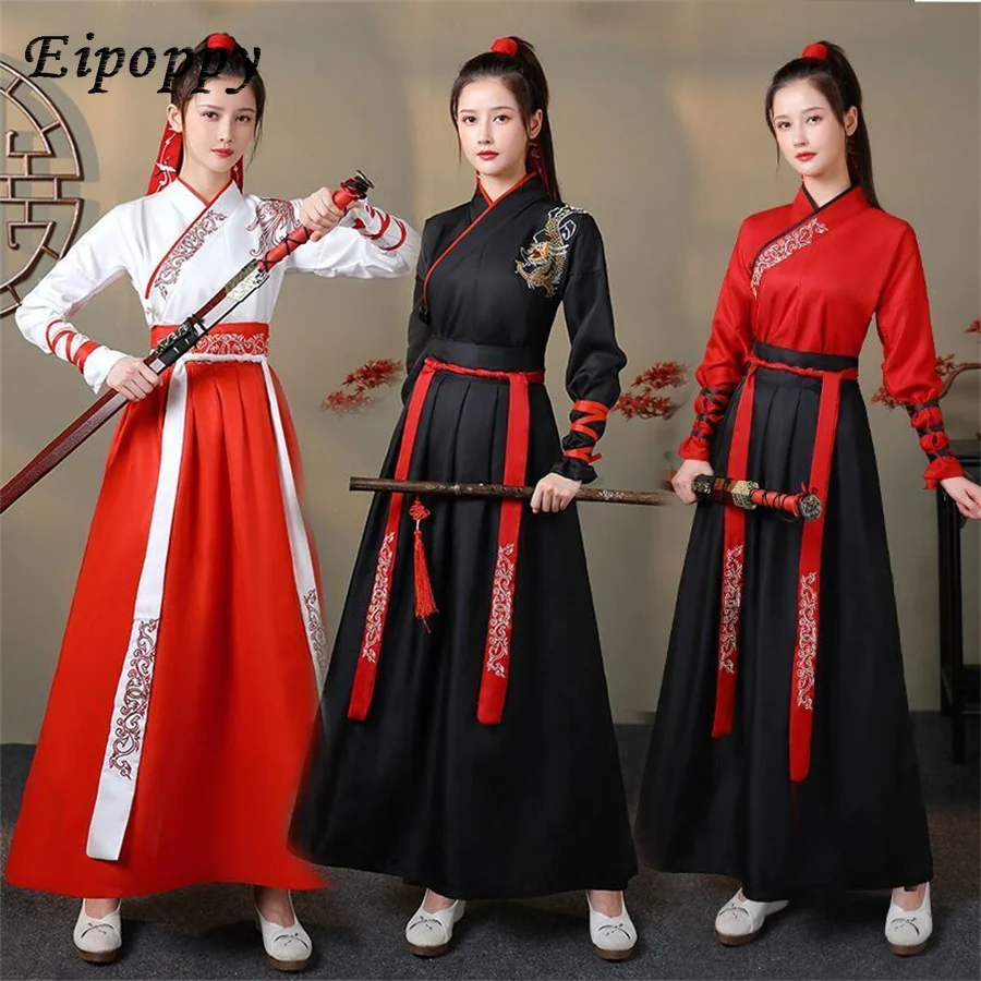 Vestido bordado Hanfu antigo chinês, quimono chinês, preto, branco, vermelho, vestidos Hanfu, artes marciais, trajes cosplay de dança