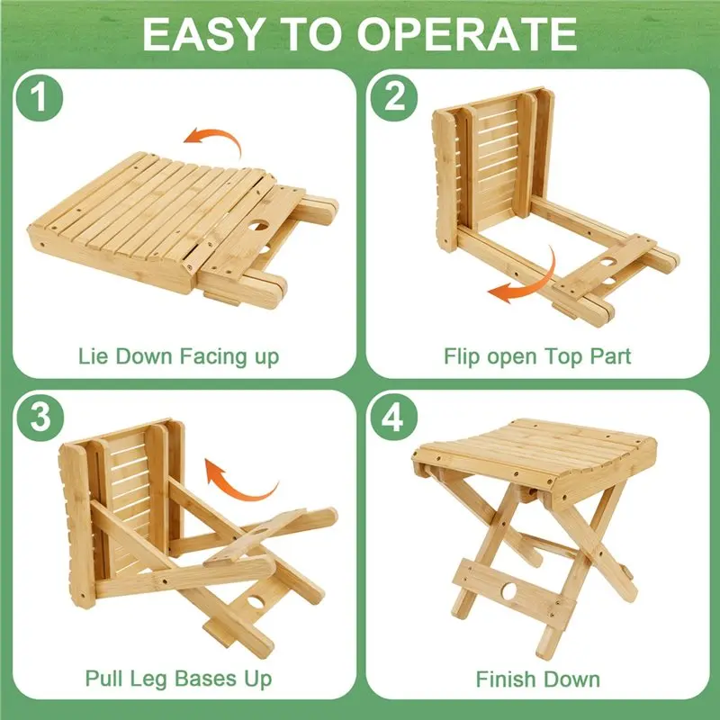 【EFFICIENT 】Multi-Purpose Bamboo Folding Stool Portable Non-Slip Footstool For Home, Bathroom Outdoor, Camping Leisure, Fishing