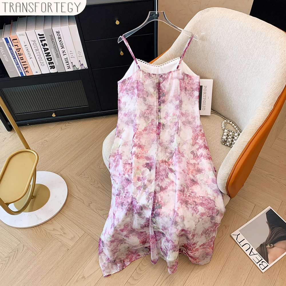 Plus-size women's summer casual commute loose comfortable slip dress Floral print lace edge zipper lined sleeveless long dress