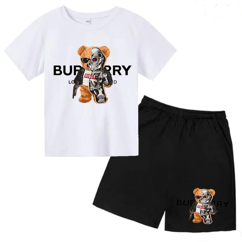 Camiseta con estampado de oso de máquina para niños y niñas, Top preescolar y pantalones cortos, 2P, 3-13 años, regalo de cumpleaños, moda informal,