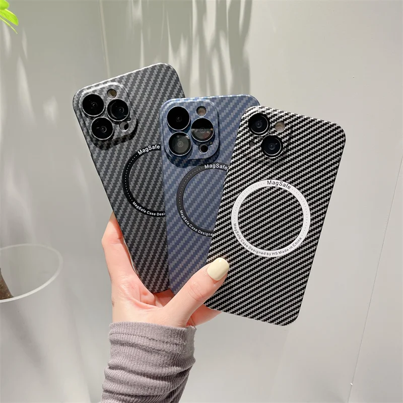 

For iPhone 15 14 Plus 13 12 11 Pro Max Magsafe Magnetic Wireless Charging Lens Film Carbon Fiber Pattern Plastic Case Cover T21