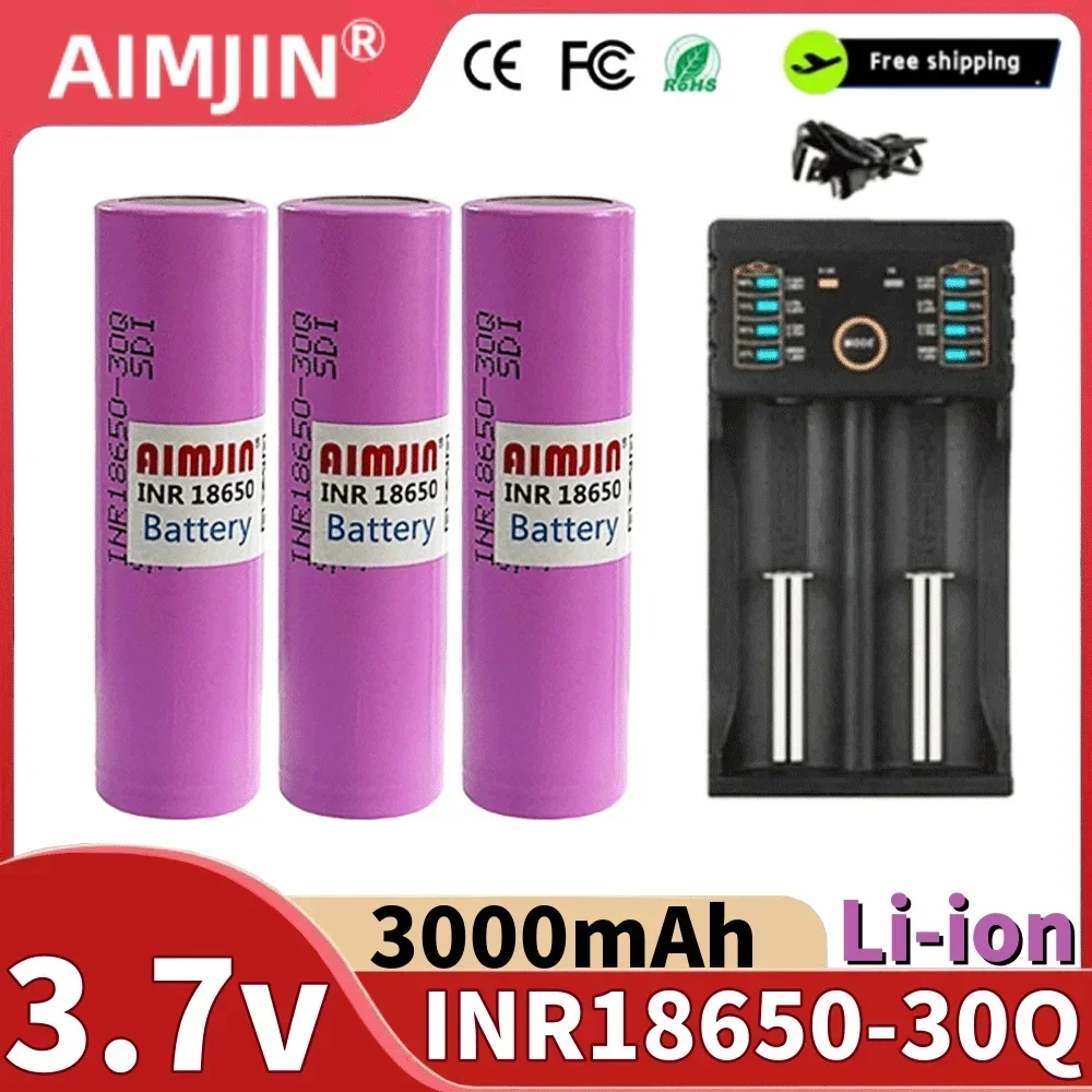 INR18650 30Q 3.7V 18650 Battery 3000mAh 20A Discharge Li-ion Rechargeable Battery ,for All Kinds of Electronic Products+Charger