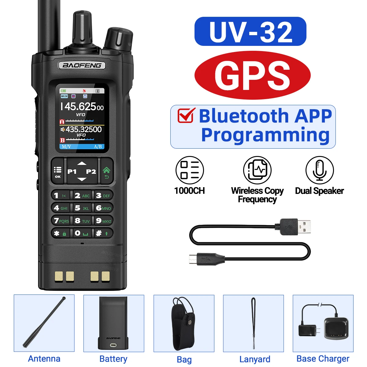 BAOFENG UV-32 GPS Walkie Talkie 10W Multi Band Bluetooth Programmering Draadloze Kopieerfrequentie NOAA Lange afstand Ham Two Way Radio
