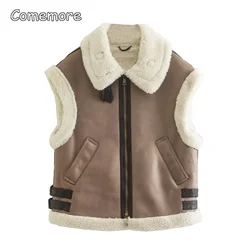 Comemore Fur Vest Jackets Women Waistcoat Chic Lady Faux Leather Warm Vest Woman Sleeveless Jacket Autumn Winter New Outerwears