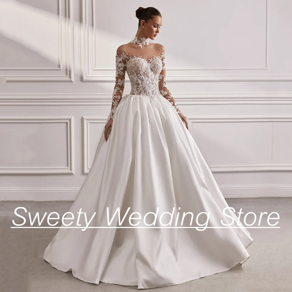 

Charming Wedding Dress See Through High Neck Beading Applique Arabian Bridal Gown Sweep Train A Line Bride Dresses Custom Size