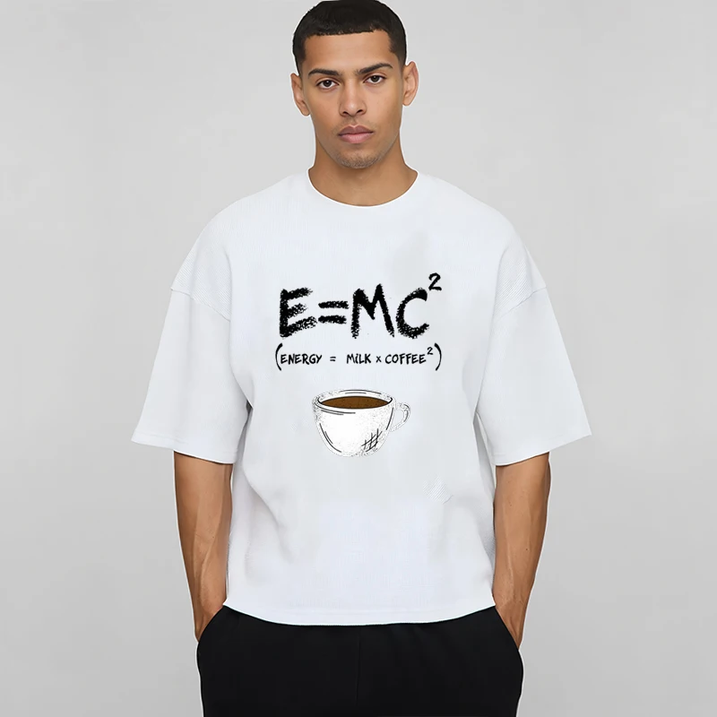

Oversized Boxy Fit Running T-shirts Men E = MC Energy = Milk X Coffee Dropped Shoulders Cotton Half Sleeve Gym Fitness T Shirts
