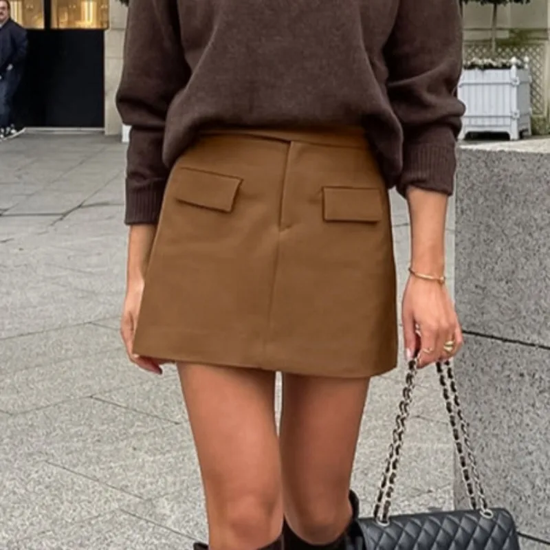 

Trendix Brown Vintage Mini Skirt For Women Fall Winter Casual High Waist Sexy Short Skirt Party Club Fashion Elegant Skirt Femme