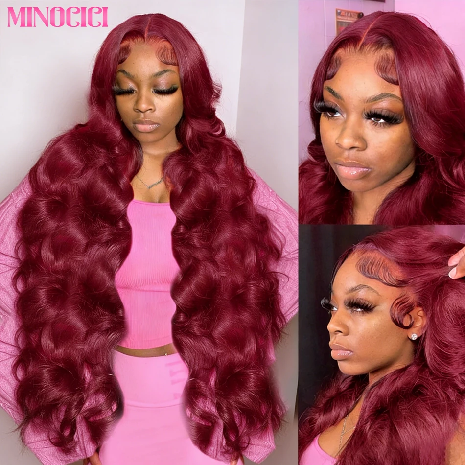 

Парик Body Wave 200% плотности, бордовый 99J, с HD кружевной передней частью 13x4/13x6, из натуральных волос, предварительно проработанный, цвет 99J