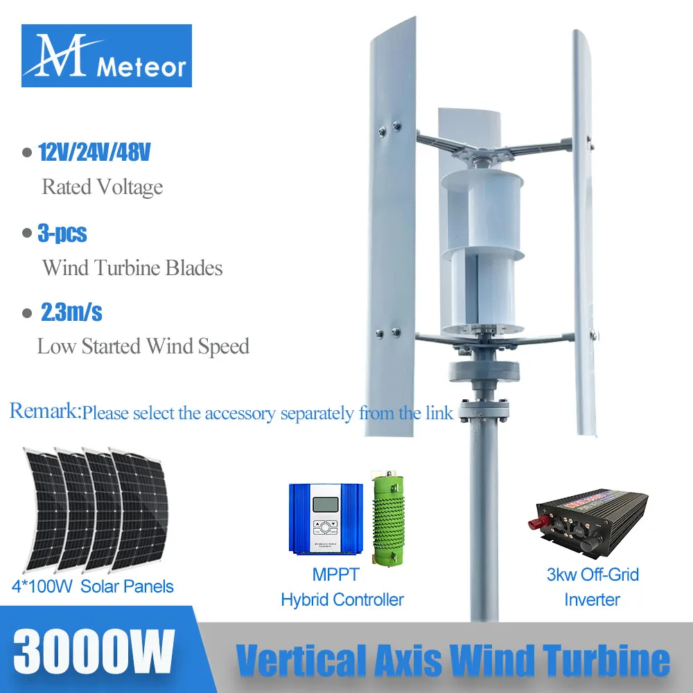 Meteor 3000W 5000W 12V 24V 48V Vertical Axis Magnetic Generator Wind Turbine Free Energy Low Speed Low Noise Household Farm 220V
