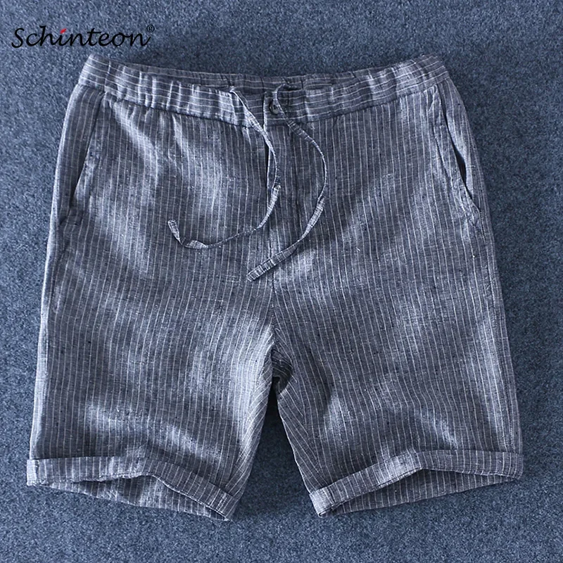 

Мужские полосатые шорты Schinteon, летние пляжные шорты из 100% чистого льна с эластичной завязкой, тонкие Повседневные Удобные шорты