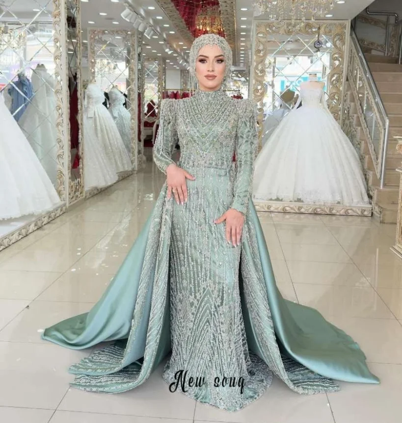 Two Pieces Beading Sage Green Prom Dress With Detachable Train 2026 Luxury Women Wedding Guest Gowns Plus Size Customized Robes