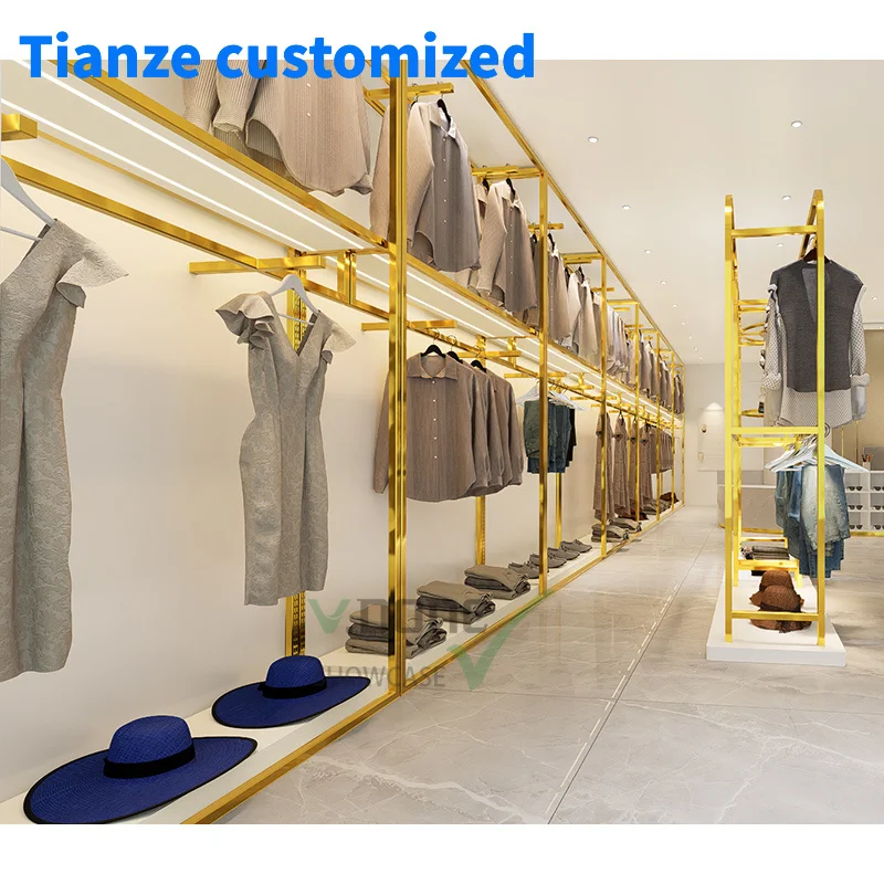 [Customized]Customization Boutique Clothing Store Furniture Fashion Women'S Dress Display Stand Metal Shelf Clothing Wall