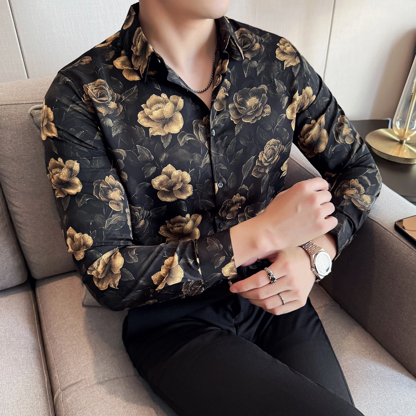 Trendy Floral Shirt Men Autumn Winter Long Sleeve Slim Fit Casual Shirts Social Nightclub Party Street Wear Shirt Men Clothing