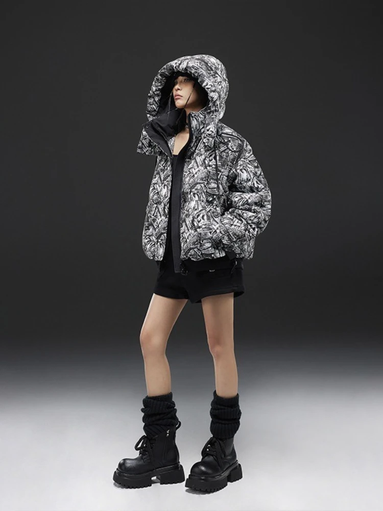 Piumino stampato 90% piumino d'anatra bianca donna casual abito corto da pane 2025 nuovo inverno spesso caldo parka da neve capispalla