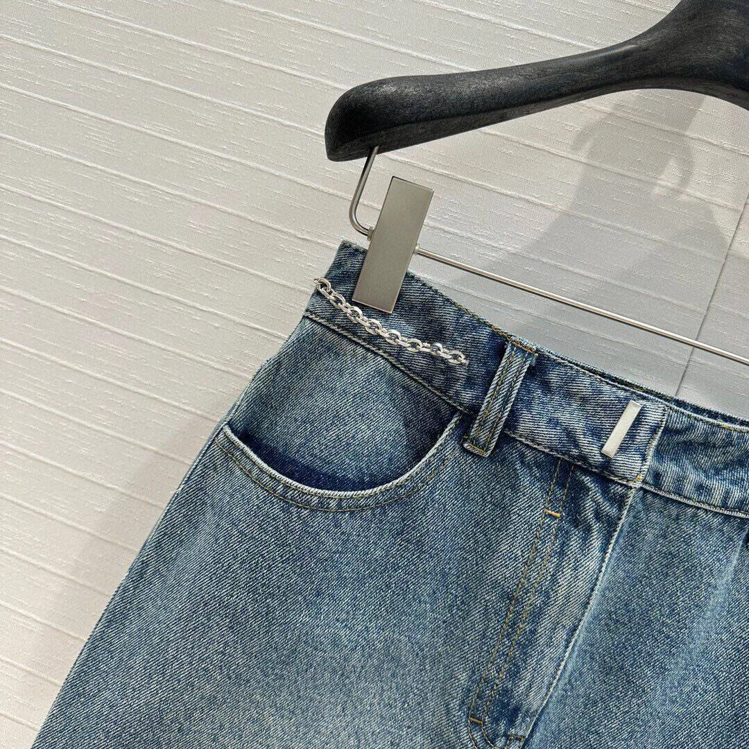 2024 New Autumn Fashion Vintage Washed Blue Denim Mini Skirts Womens High Waist Metal Chains Decoration Streetwear Pencil Skirt