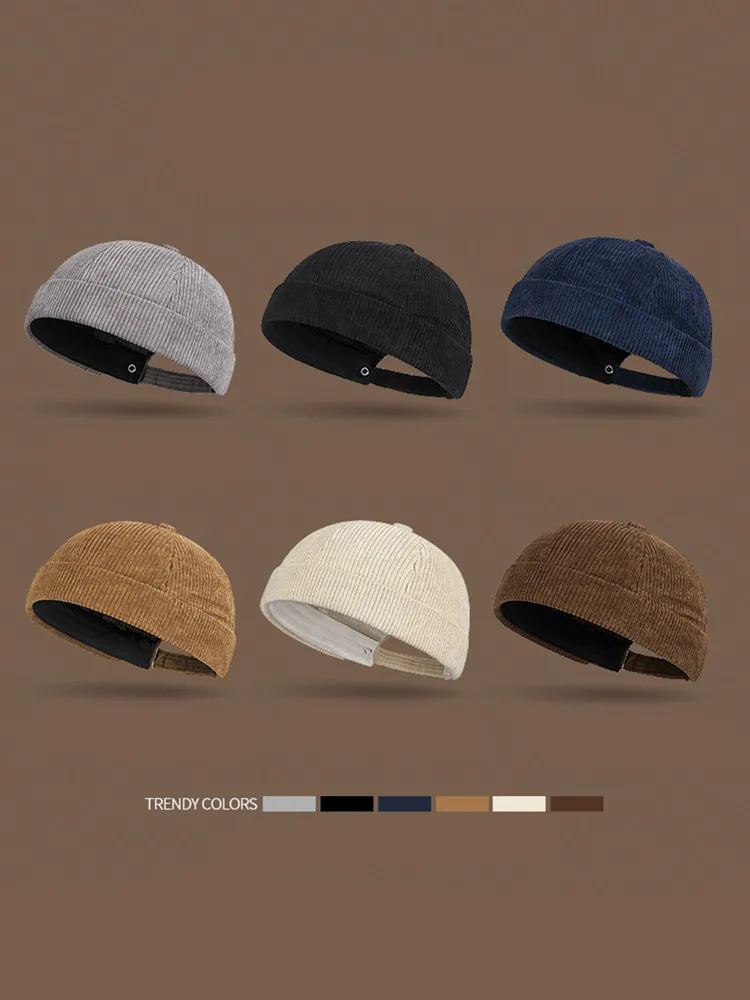 Einfarbige Melonen-Rindmütze mit klobiger Struktur, Street-Retro-Mütze im Tang-Stil, trendige Hip-Hop-Vermütze aus Cord – Detail 3